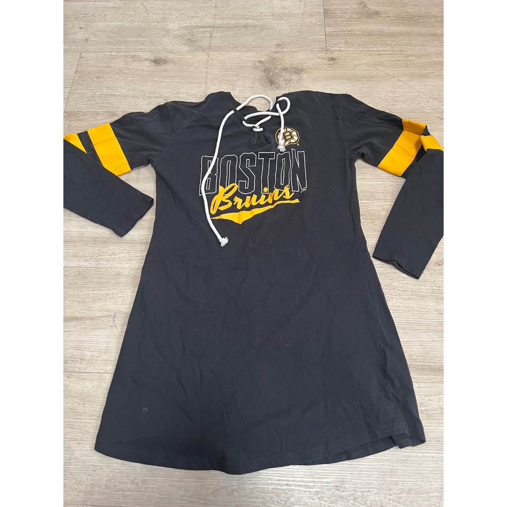 Boston‎ Bruins NHL Hockey T Shirt Dress Womens S Small Lace Up Black Yellow
